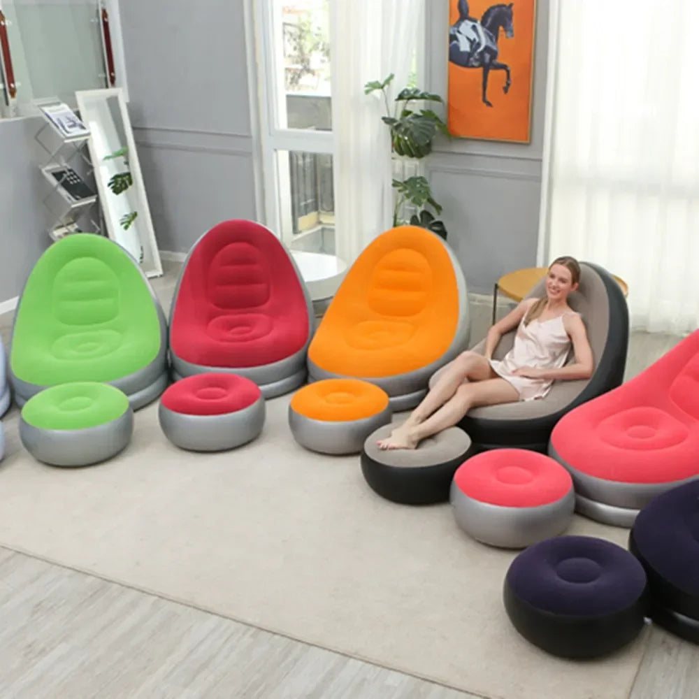Sofá Perezoso Inflable Marrón con Reposapiés - Superficie Flocada de PVC, Ideal para Descanso y Relax