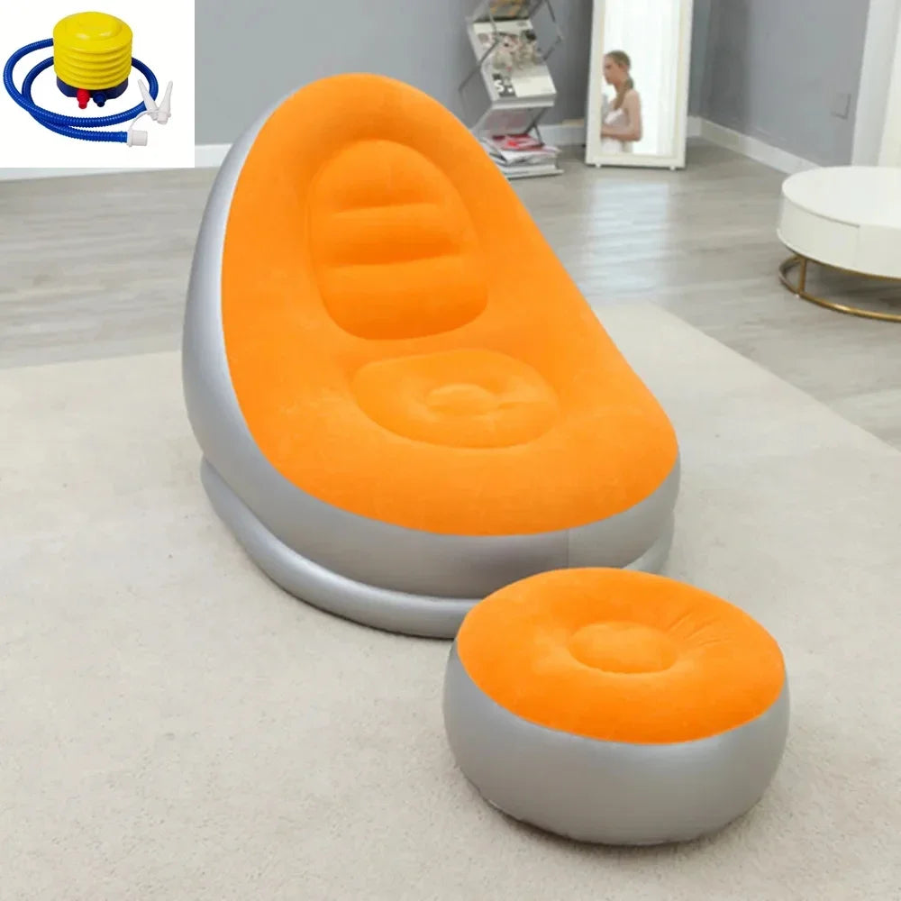 Sofá Perezoso Inflable Marrón con Reposapiés - Superficie Flocada de PVC, Ideal para Descanso y Relax