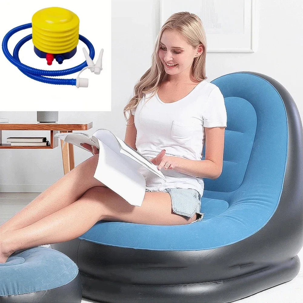 Sofá Perezoso Inflable Marrón con Reposapiés - Superficie Flocada de PVC, Ideal para Descanso y Relax