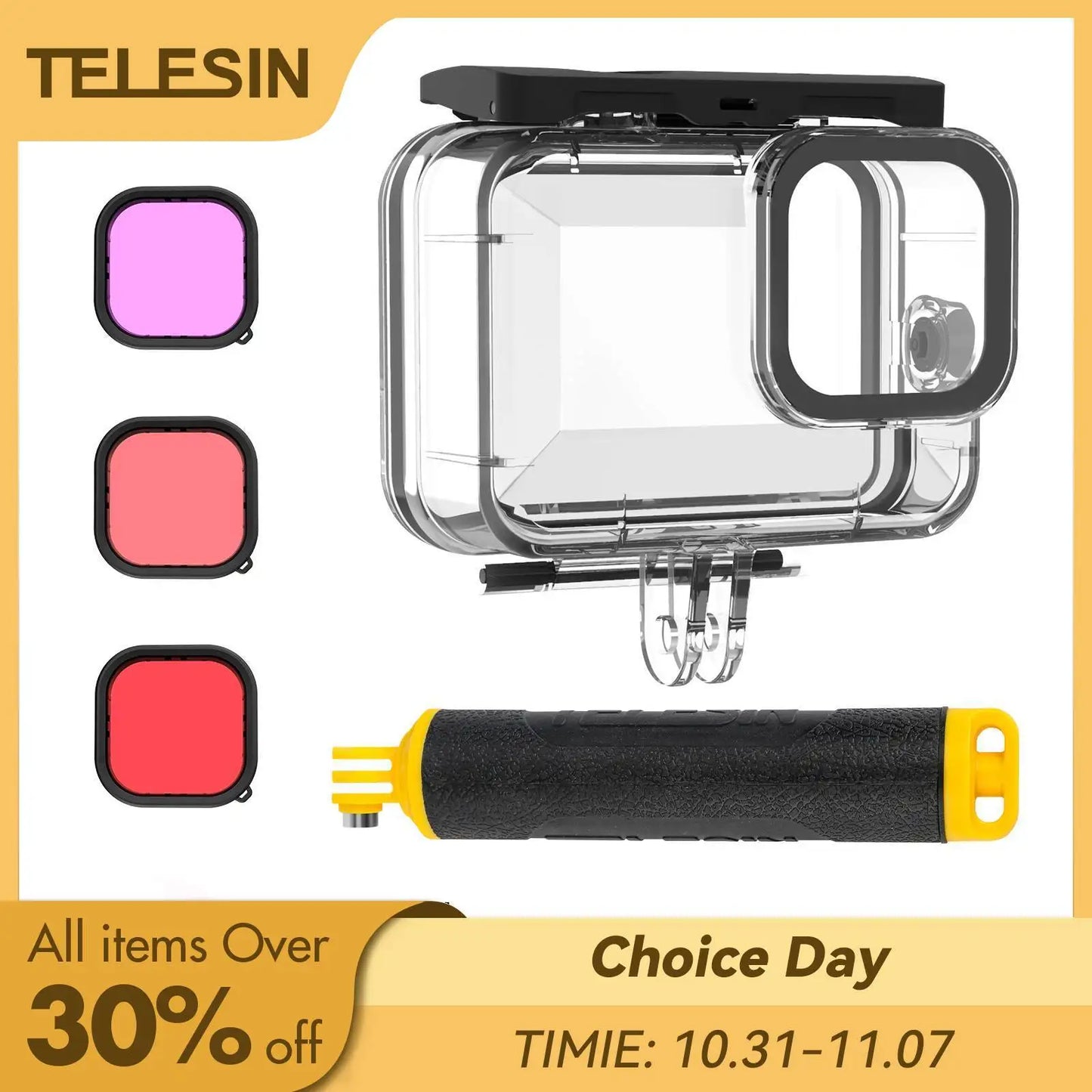 TELESIN 60M funda impermeable para GoPro Hero 13 12 11 10 9 cubierta de carcasa de buceo subacuático con filtro de buceo para accesorios Gopro