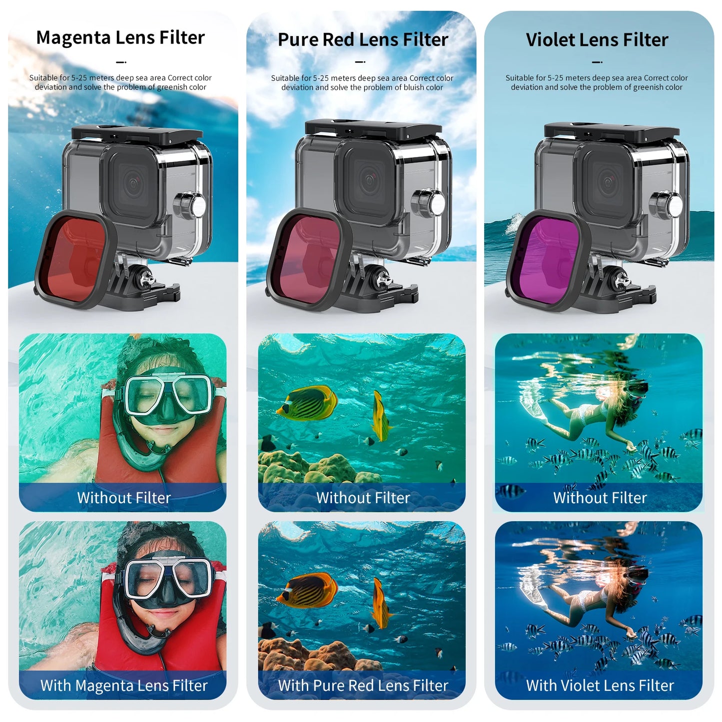 TELESIN 60M funda impermeable para GoPro Hero 13 12 11 10 9 cubierta de carcasa de buceo subacuático con filtro de buceo para accesorios Gopro