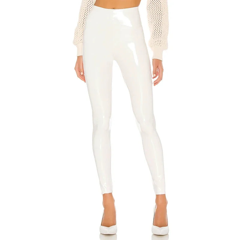 Pantalones de cuero PU brillante para mujer, Leggings blancos de PVC, ajustados, Sexy, elásticos de látex