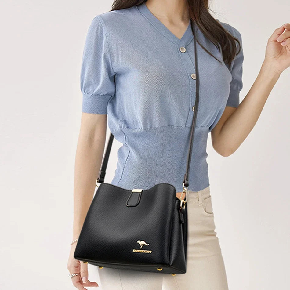 Bolso de mano de cuero de alta calidad para mujer, cartera multifuncional de 3 capas.