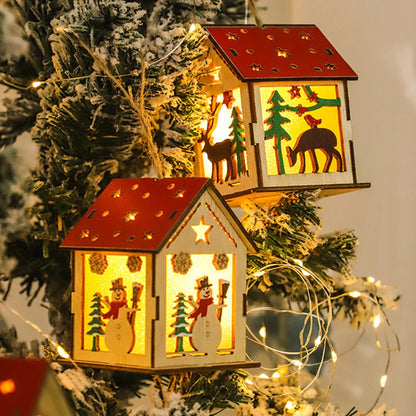 Casa iluminada pequeña de Navidad, colgante de madera.