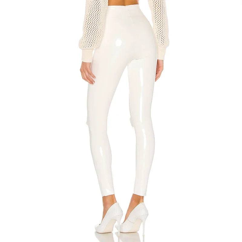 Pantalones de cuero PU brillante para mujer, Leggings blancos de PVC, ajustados, Sexy, elásticos de látex