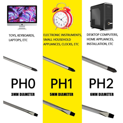 Destornillador Phillips multifuncional, herramienta de 3x150-6x150mm, PH0, PH1, PH2, 3MM, 5MM, 6MM, ranurado.