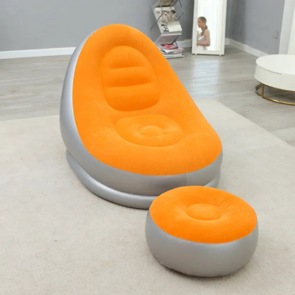 Sofá Perezoso Inflable Marrón con Reposapiés - Superficie Flocada de PVC, Ideal para Descanso y Relax
