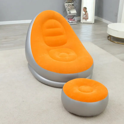 Sofá Perezoso Inflable Marrón con Reposapiés - Superficie Flocada de PVC, Ideal para Descanso y Relax