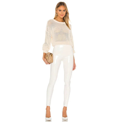 Pantalones de cuero PU brillante para mujer, Leggings blancos de PVC, ajustados, Sexy, elásticos de látex