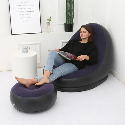Sofá Perezoso Inflable Marrón con Reposapiés - Superficie Flocada de PVC, Ideal para Descanso y Relax